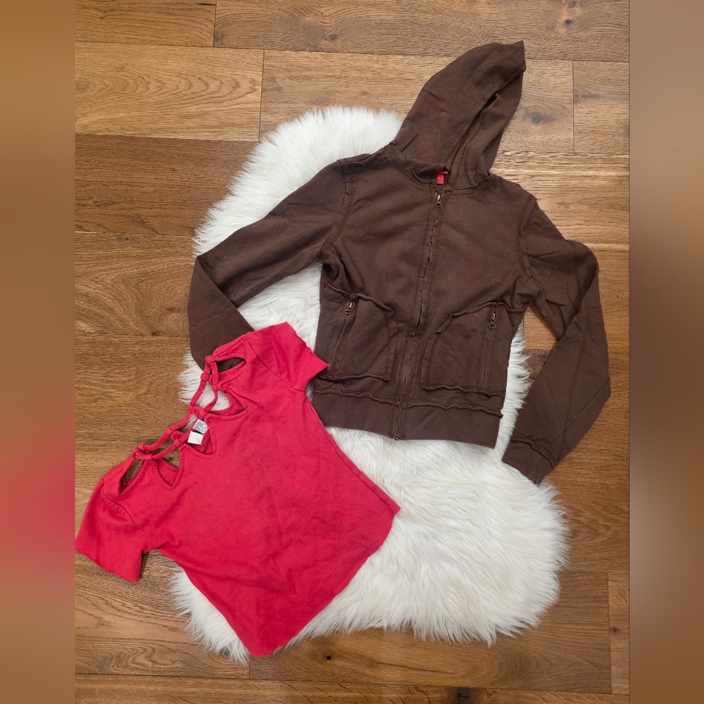 Vintage Pink Short-Sleeve Top & Brown Zip Hoodie Set